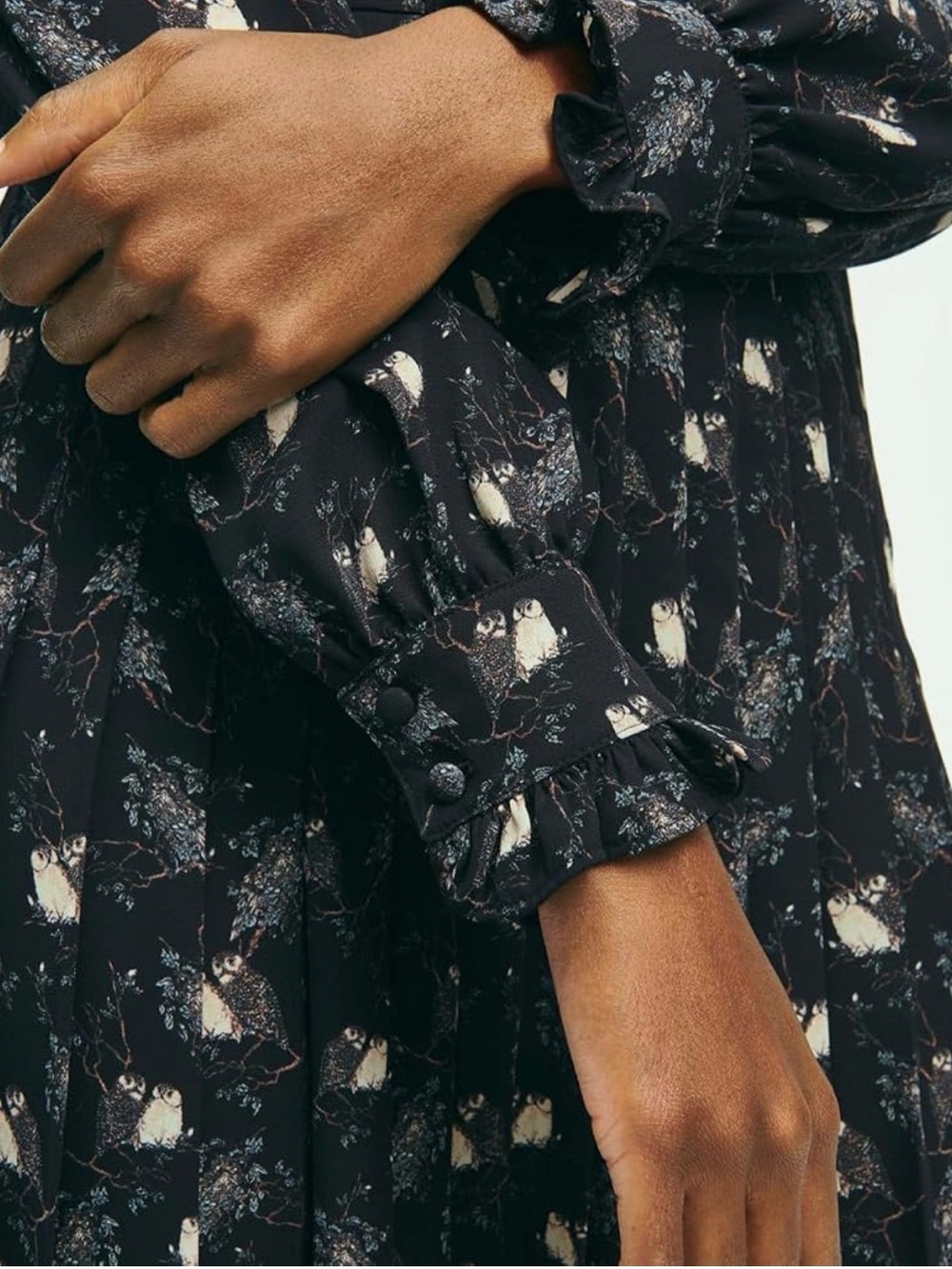 Brooks Brothers Long-Sleeve Black Floral Ruffle owl print Neck Dress. - Picture 5 of 14